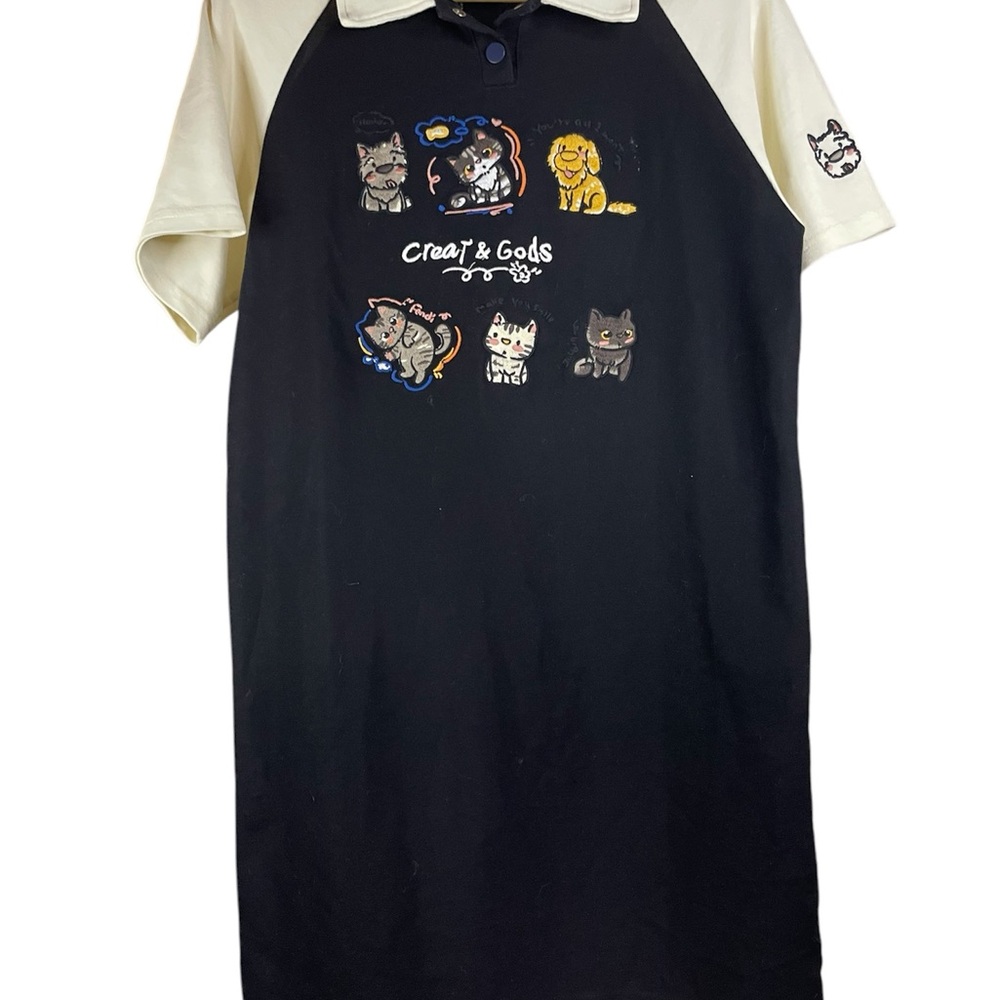 Korea brand Black & Cream Cat Graphic Polo  Dress